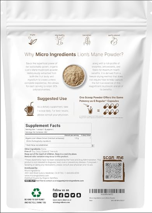 Micro Ingredients Organic Lion’s Mane Powder – 16 oz